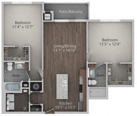 Floor plan for 2 beds, 2 baths, 1084 sqft